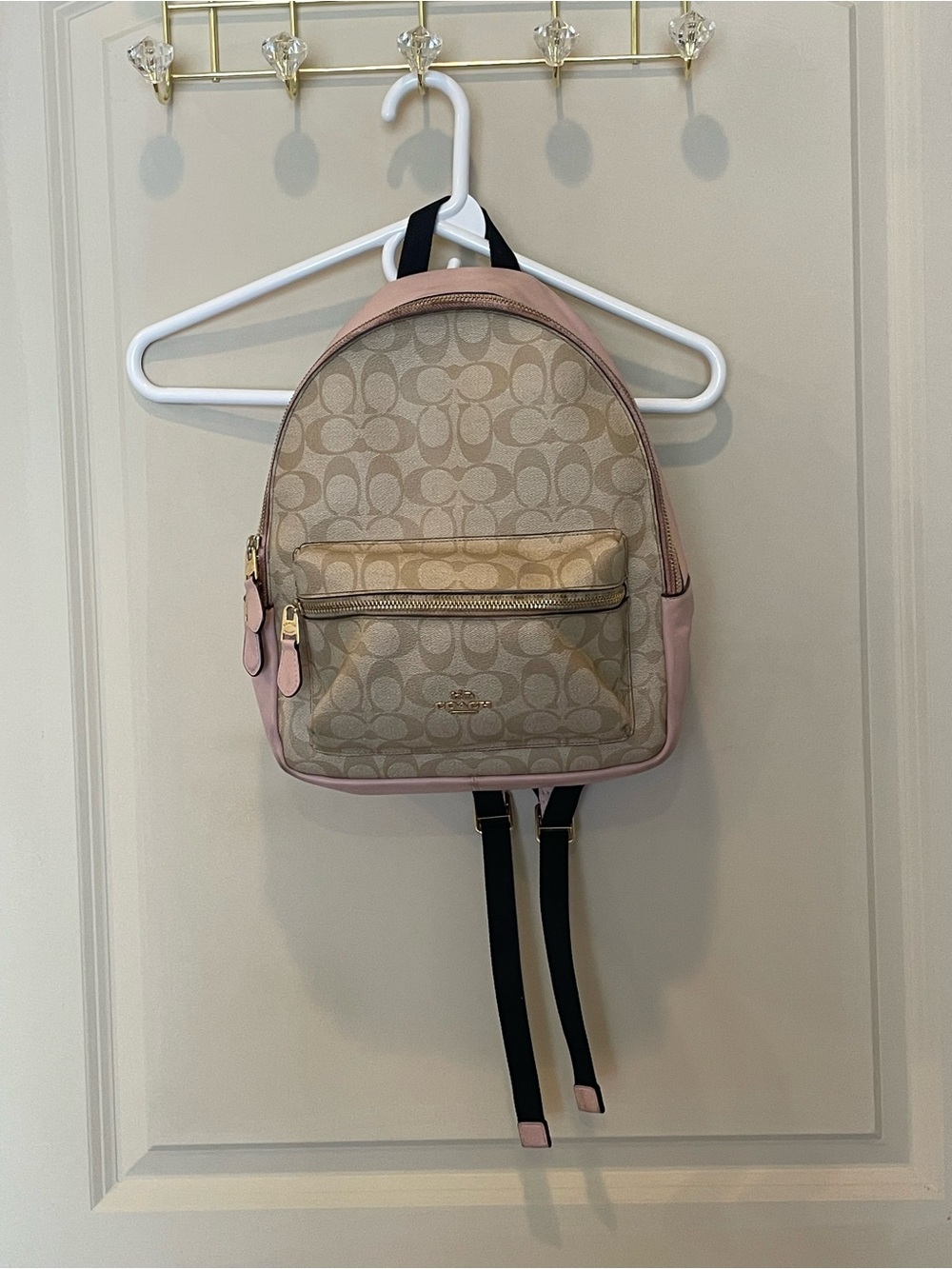 Coach Beige Signature Canvas Mini Backpack with Pink Trim